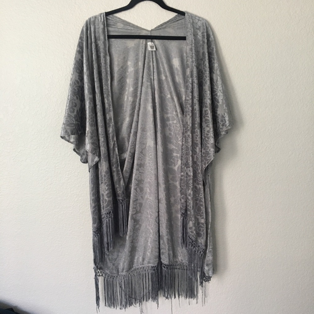 Emanuel Geraldo Gray Floral Velour Kimono‎ Fringe Open Cardigan Draped Tassels